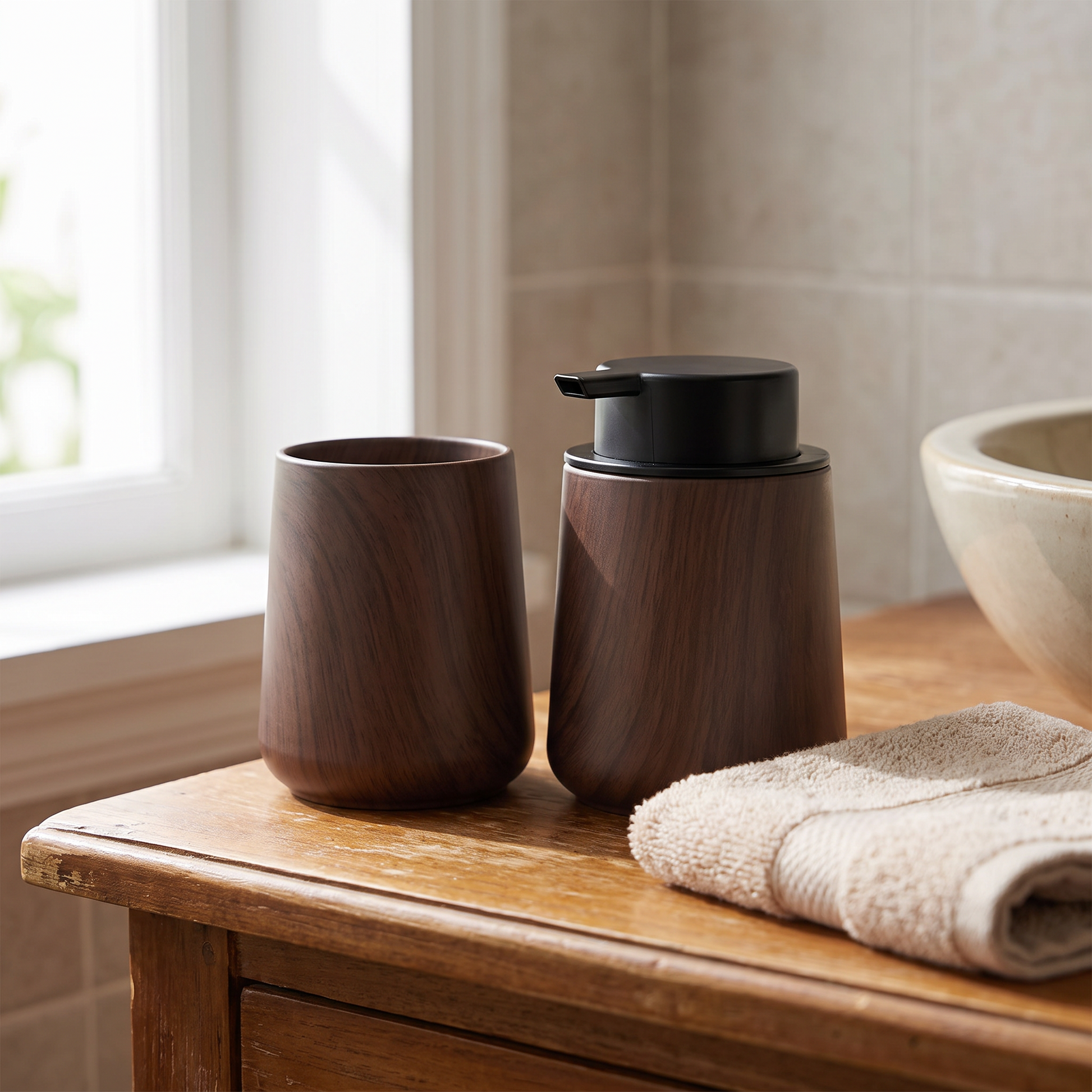 Soap dispenser and cup set on a bathroom vanity