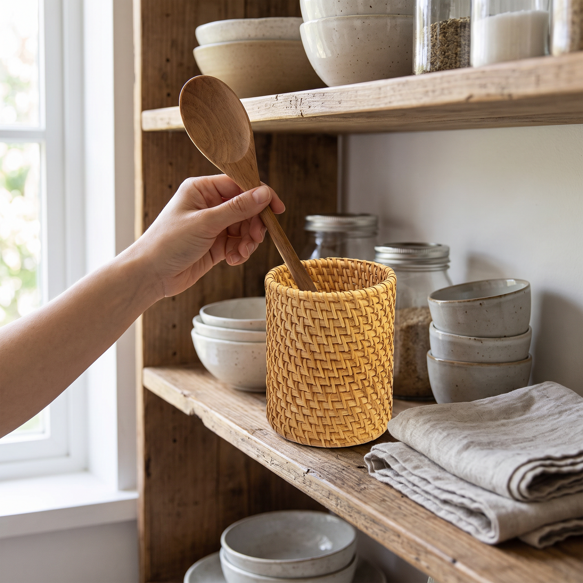 Hand lifting a spoon from the organiser