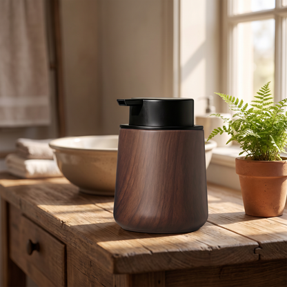 Set on a farmhouse washstand with a plant