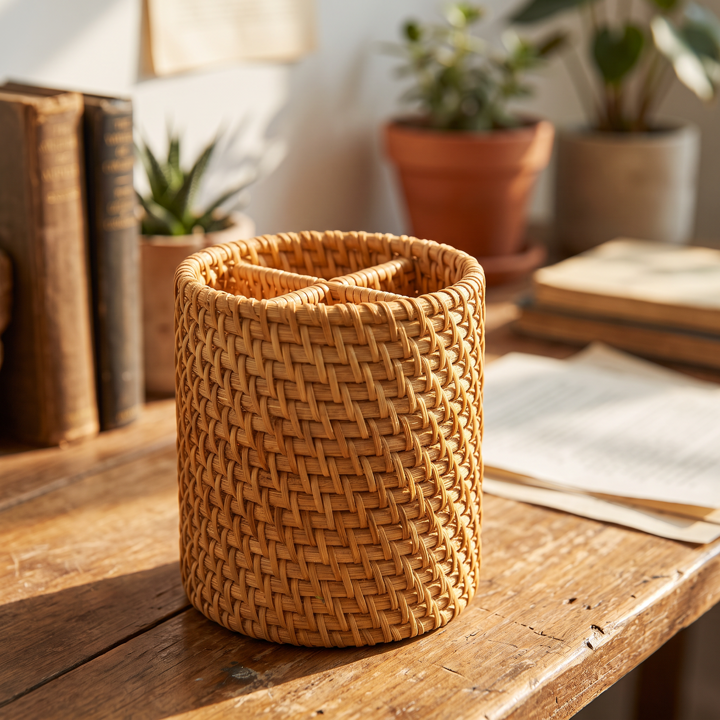 Close-up of the rattan weave compartments