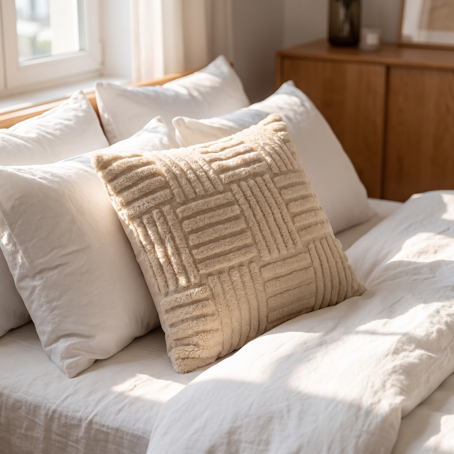Cushion against pillows on a made bed