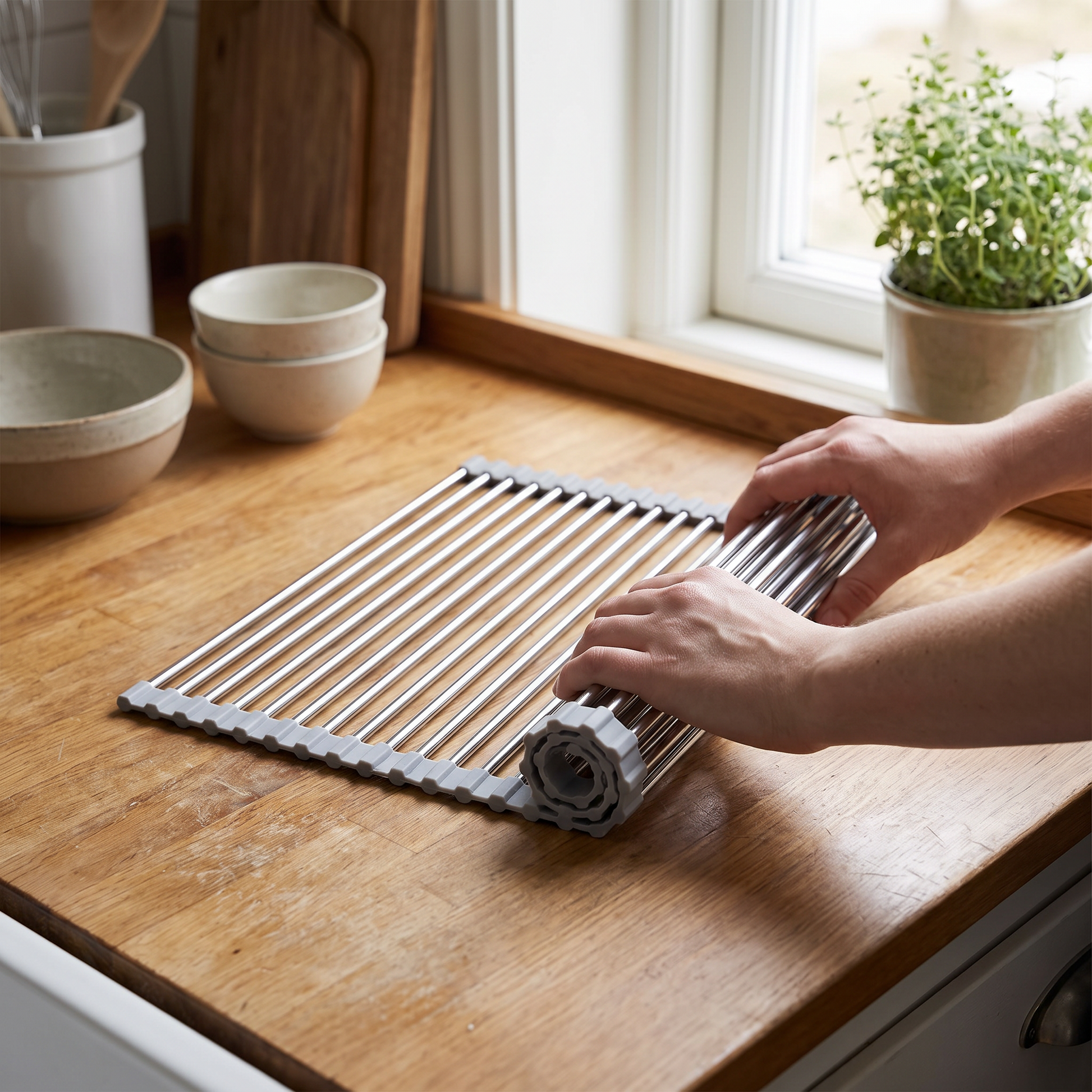 Hands rolling up the dish rack