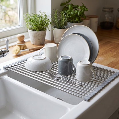 Roll-up dish rack draining plates over the sink