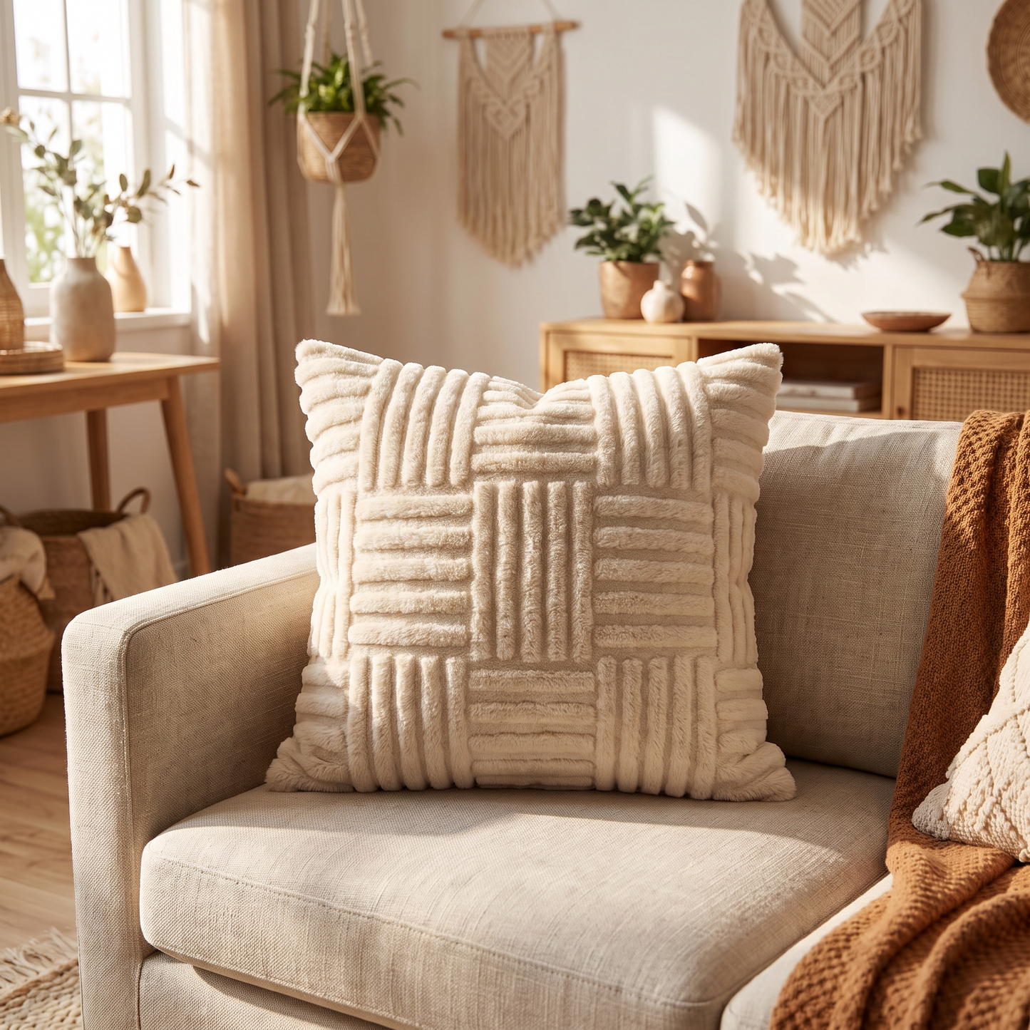 Faux fur cushion on a linen sofa