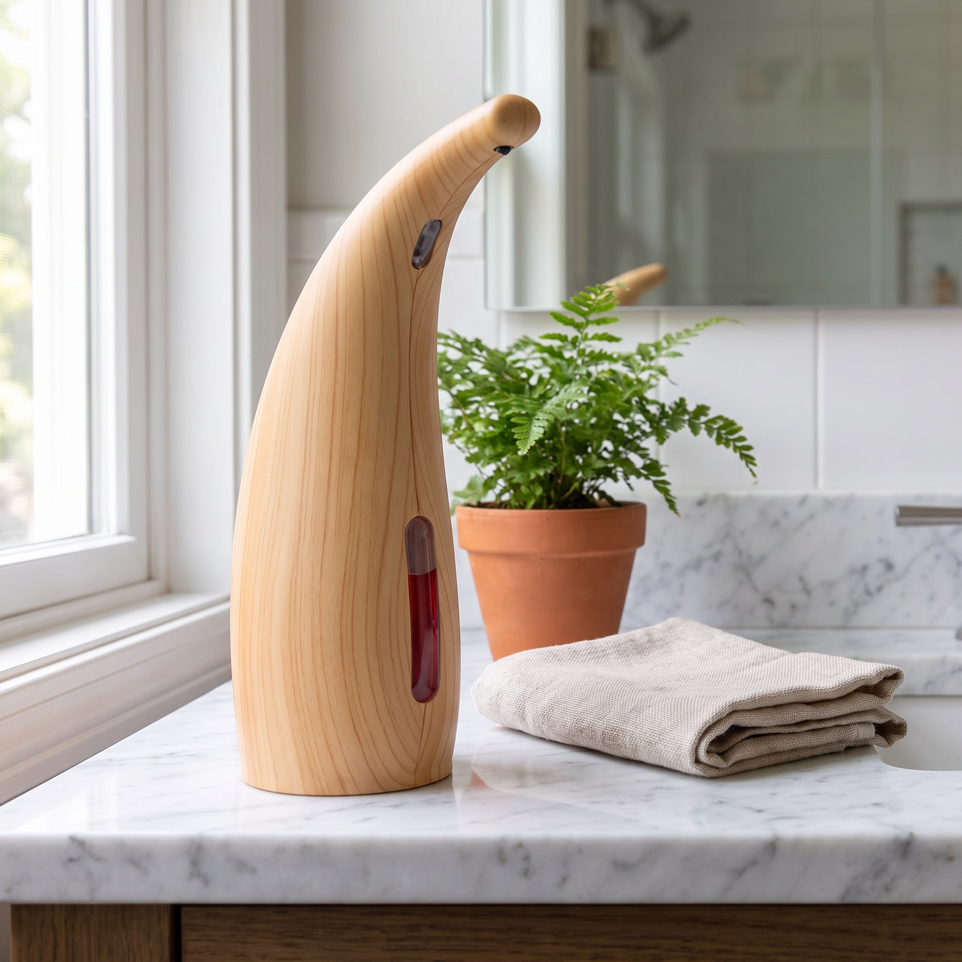 Dispenser on a marble vanity with a plant