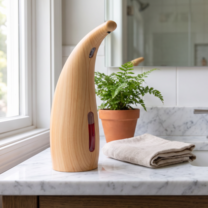 Dispenser on a marble vanity with a plant