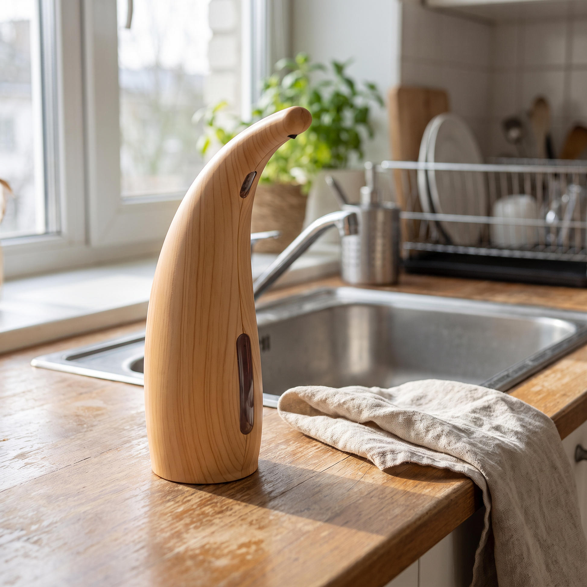 Soap dispenser beside a kitchen sink