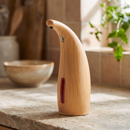 Close-up of the wood-grain dispenser body