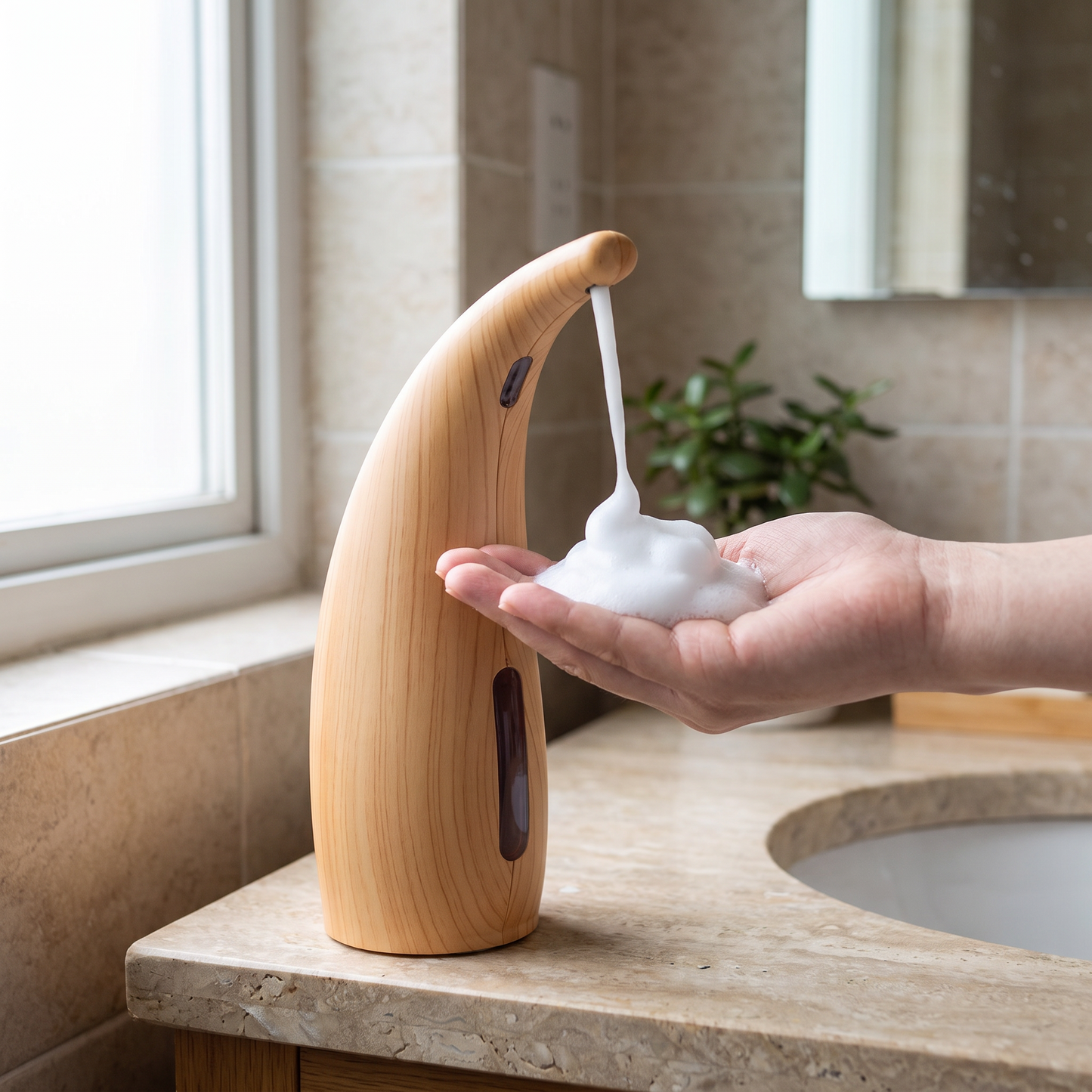 Sensor soap dispenser in use on a bathroom counter