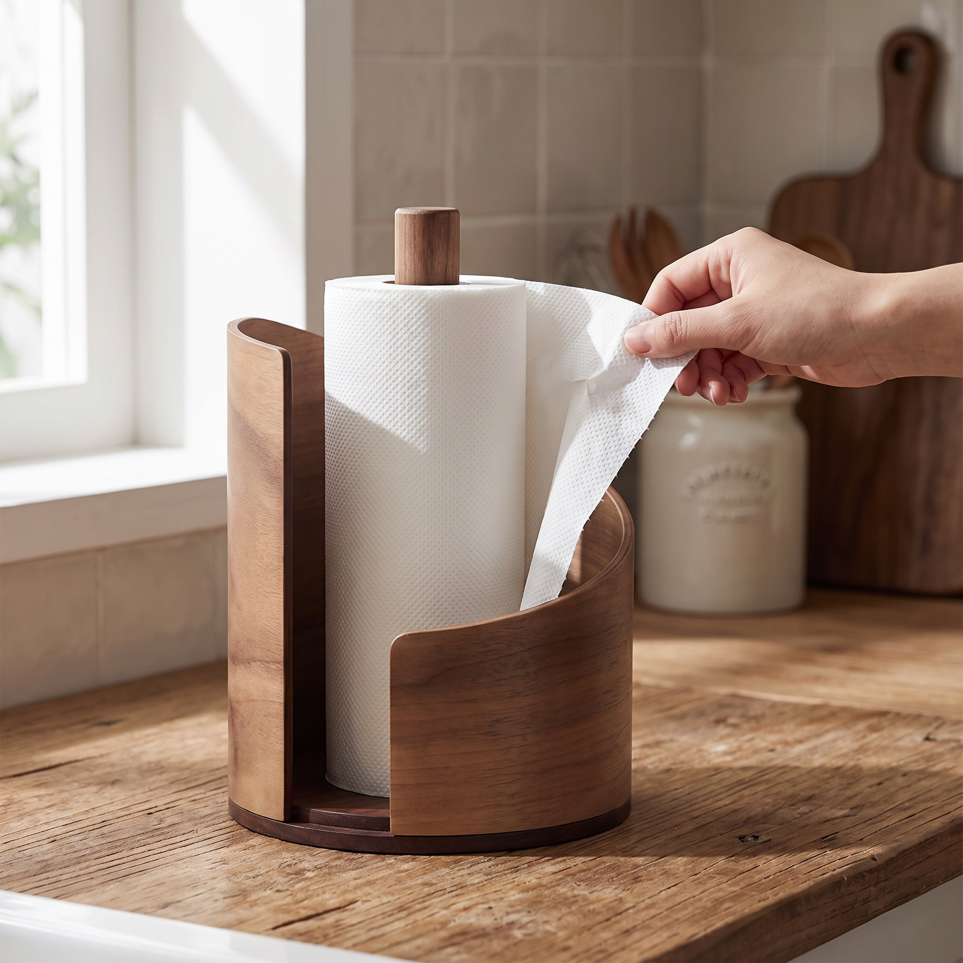 Paper towel holder in use on a kitchen counter