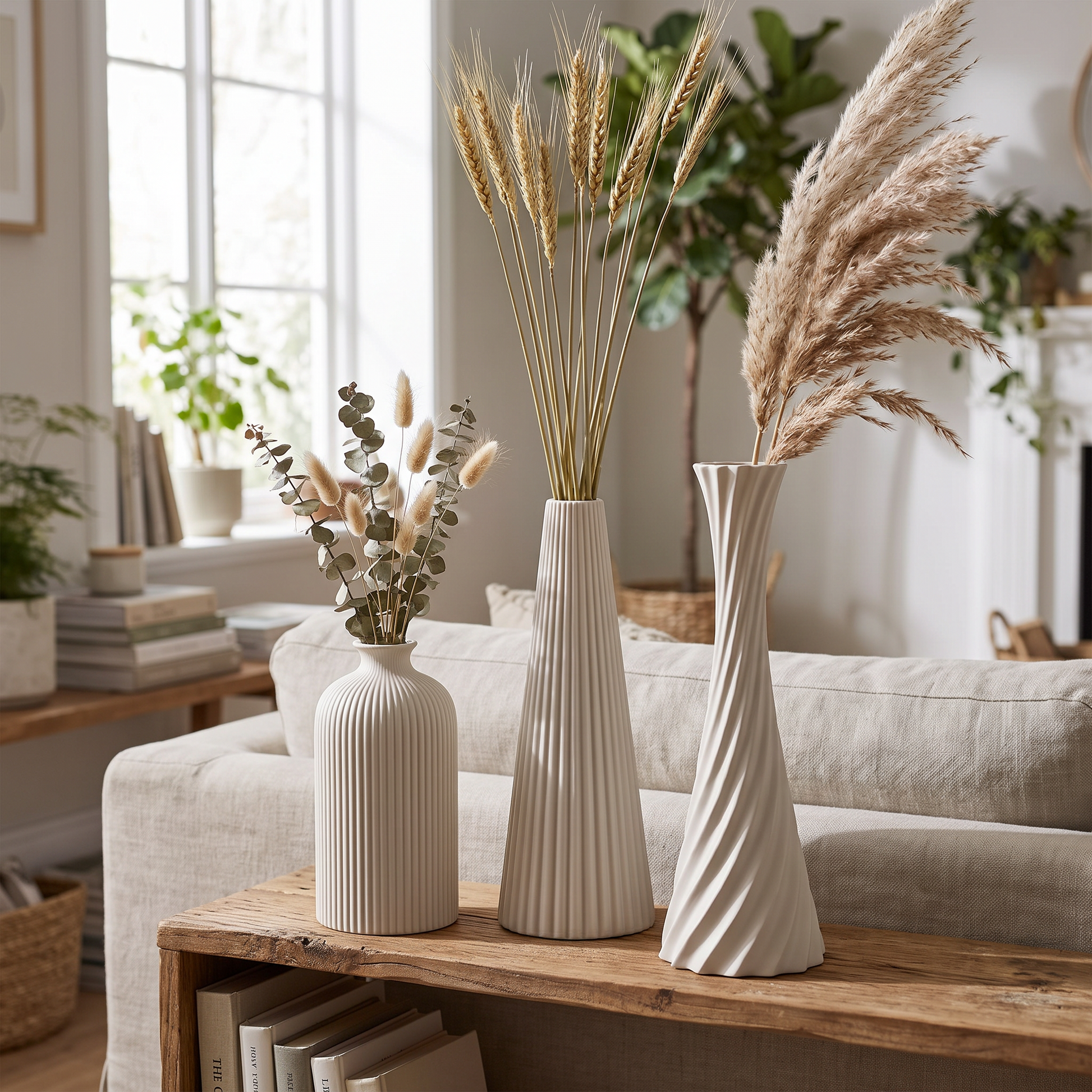Ribbed vase set on a living room shelf