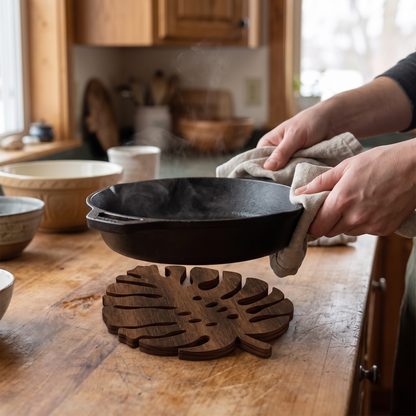 Hands placing a hot pan onto a trivet