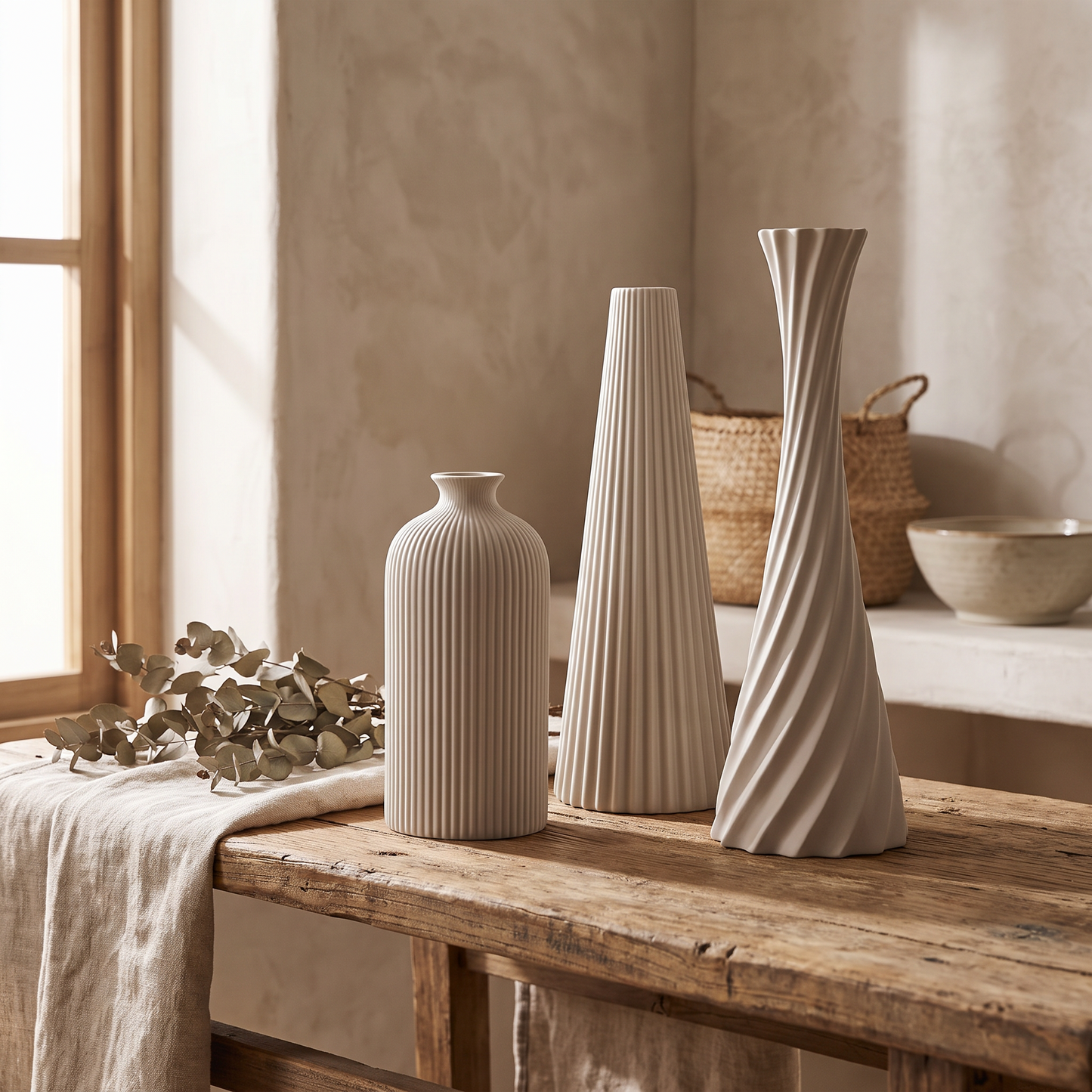 Vases on a console table with a linen runner