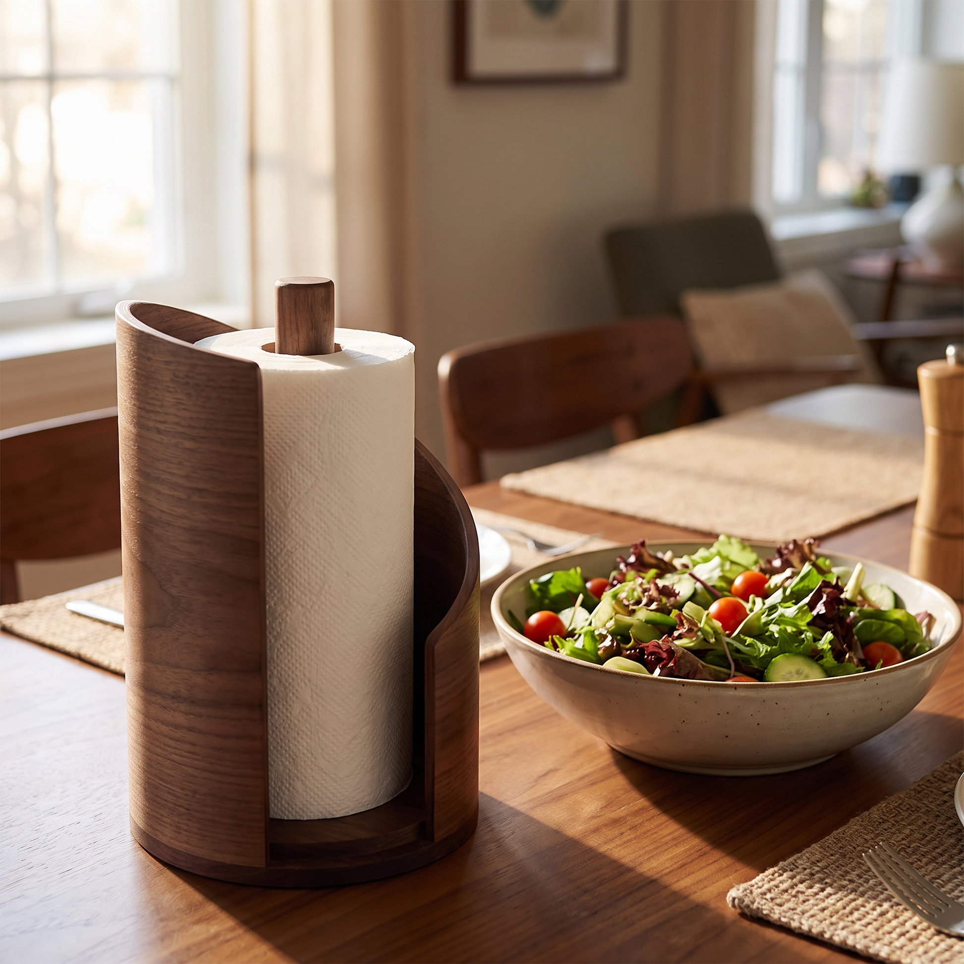 Holder on a dining table beside a salad bowl