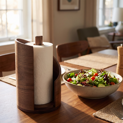 Holder on a dining table beside a salad bowl