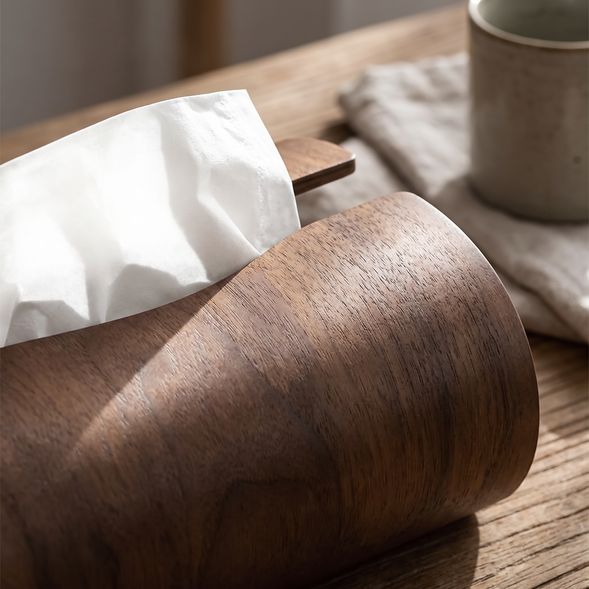 Close-up of the wooden tissue box opening