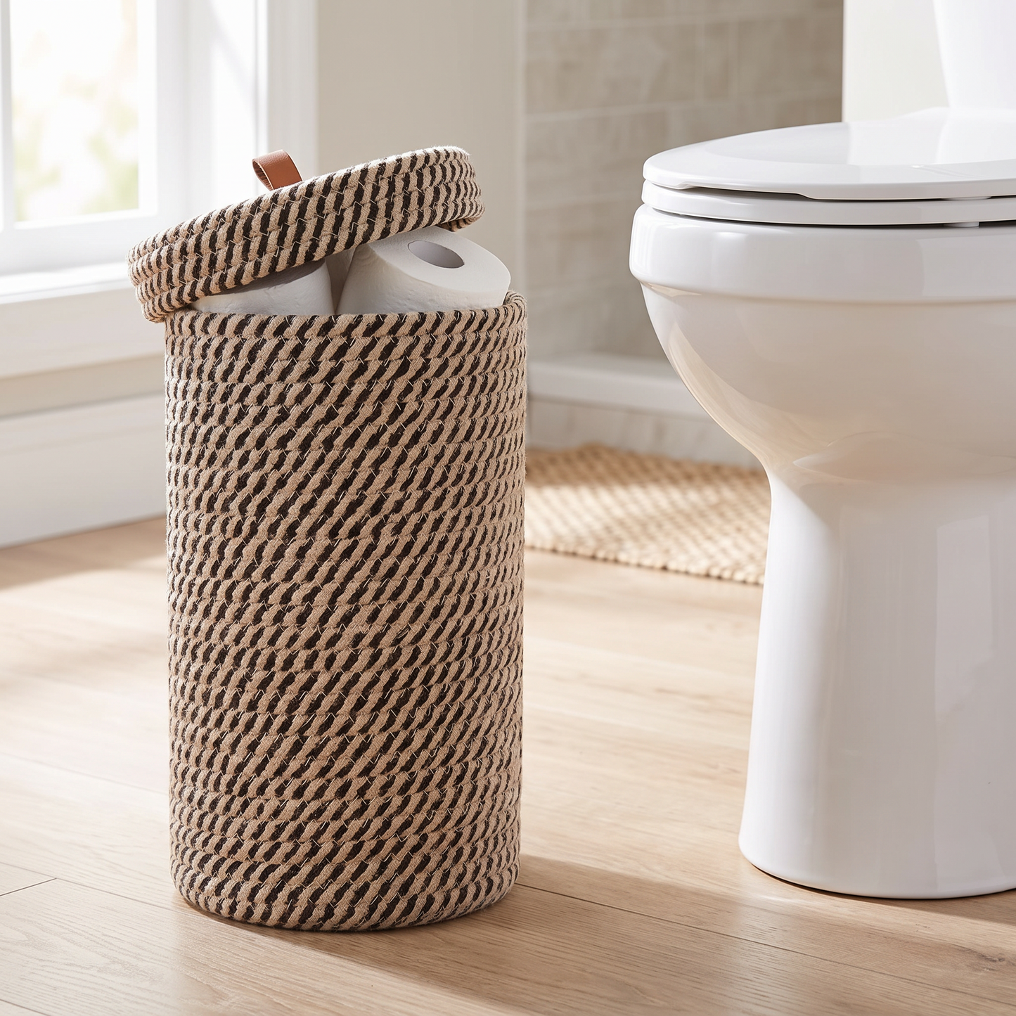 Woven basket holding toilet rolls in a bathroom
