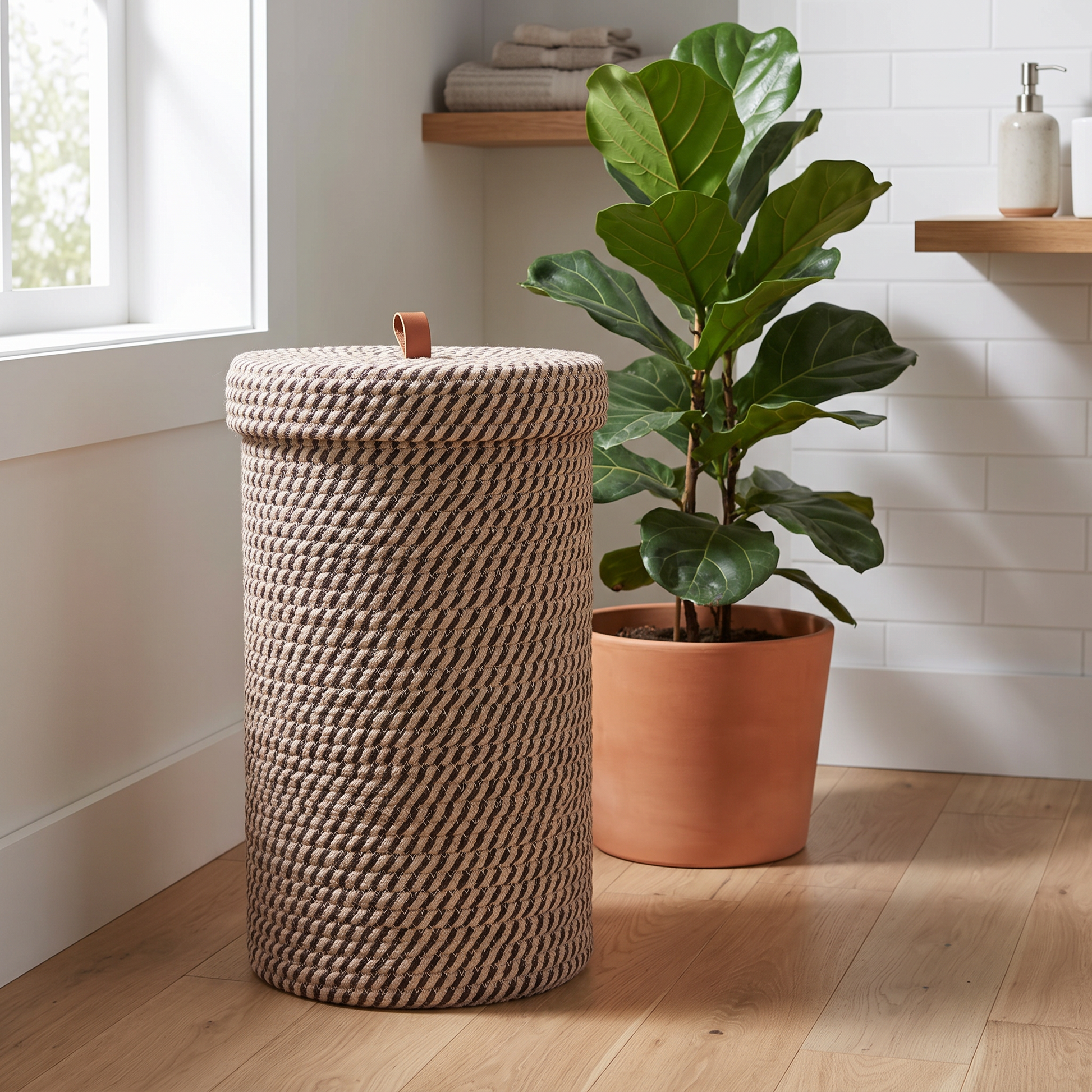 Lidded basket beside a plant in a bathroom