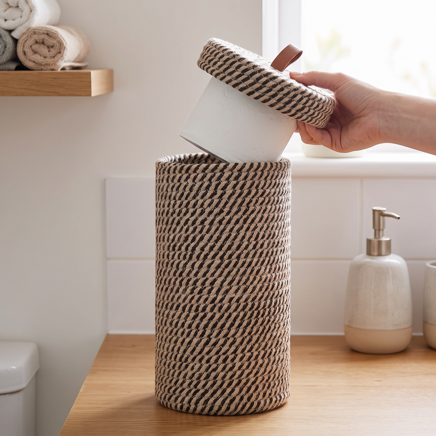Hand lifting the lid to take a roll