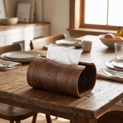 Wooden tissue box on a farmhouse dining table
